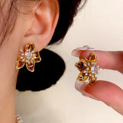 14K Gold Plated Zircon Flower Stamen Earrings - elegant gold flower earrings