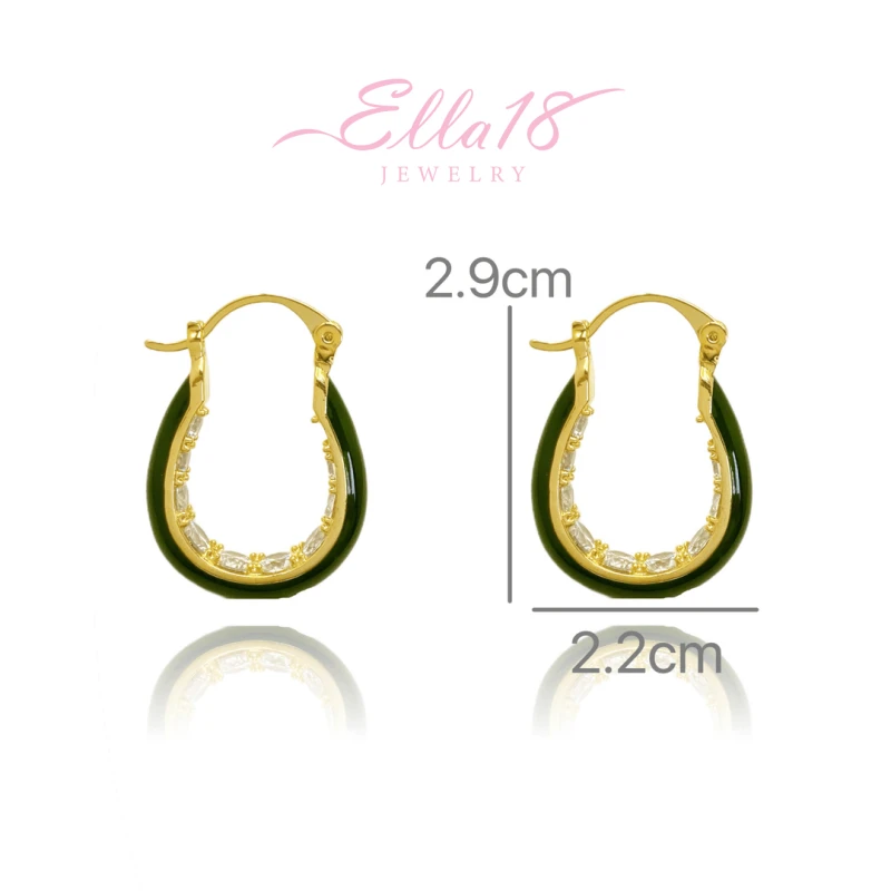 Angled view of the 18K Gold-Plated Diamond Green Oil Drop Earrings