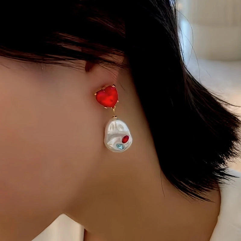 18K Gold-Plated Elegant Red Heart Crystal Pearl Earrings - elegant Pearl Earrings