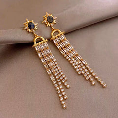 Close-up detail of the sparkling zircons and plating on the Tassel Earrings