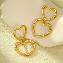 Angled view of the 18K Gold-Plated Hollow Double-Heart Earrings