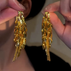 18K Gold-Plated Leaf Tassel Earrings - elegant Leaf Tassel Earrings