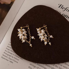 Elegant Gold Pearl Cluster Dangle Stud Earrings, Delicate Pearl Tassel Drop Earrings