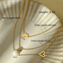 18K Gold-Plated Three-Layer Zircon Heart Pearl Necklaces worn to showcase its length and pendant detail