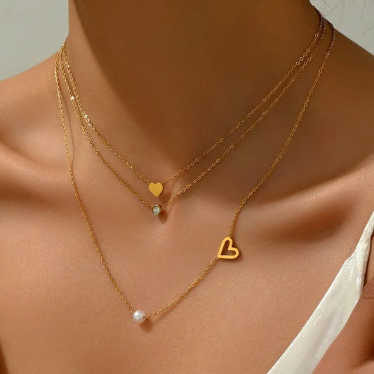 18K Gold-Plated Three-Layer Zircon Heart Pearl Necklaces - beautiful Pearl Necklaces