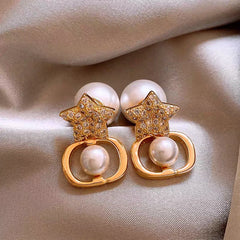 Gold Pave CZ Star Double-sided Pearl Stud Earrings on Satin Fabric