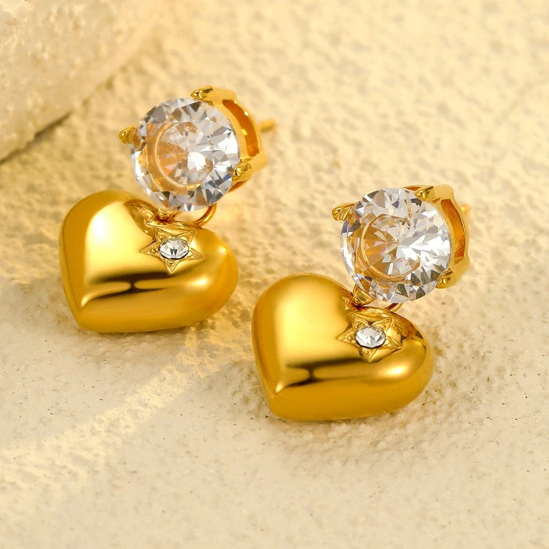 Angled view of the 18K Gold-Plated Zircon Heart Earrings