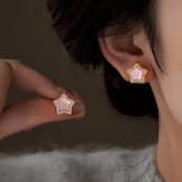 Gold Pink Mother of Pearl Star Stud Earrings with Rhinestones, On Ear Wear Demo