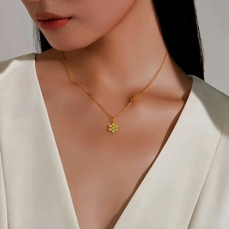 Sterling Silver 22K Gold-Plated Christmas Sparkling Pendant Snowflake Necklace worn to showcase its length and pendant detail
