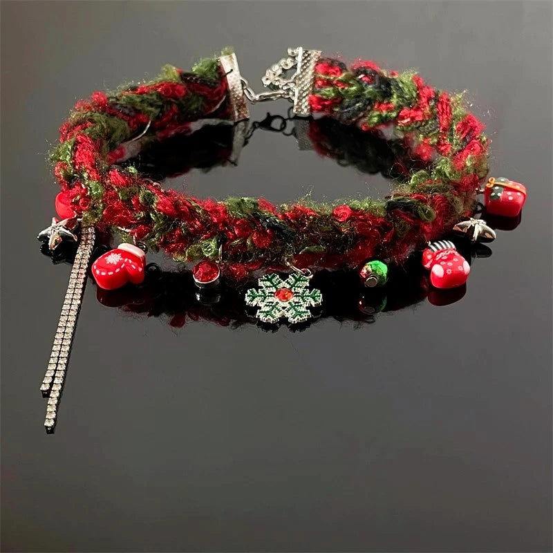 Detailed view of the Christmas Color Matching Plush Snowflake Choker chain and pendant