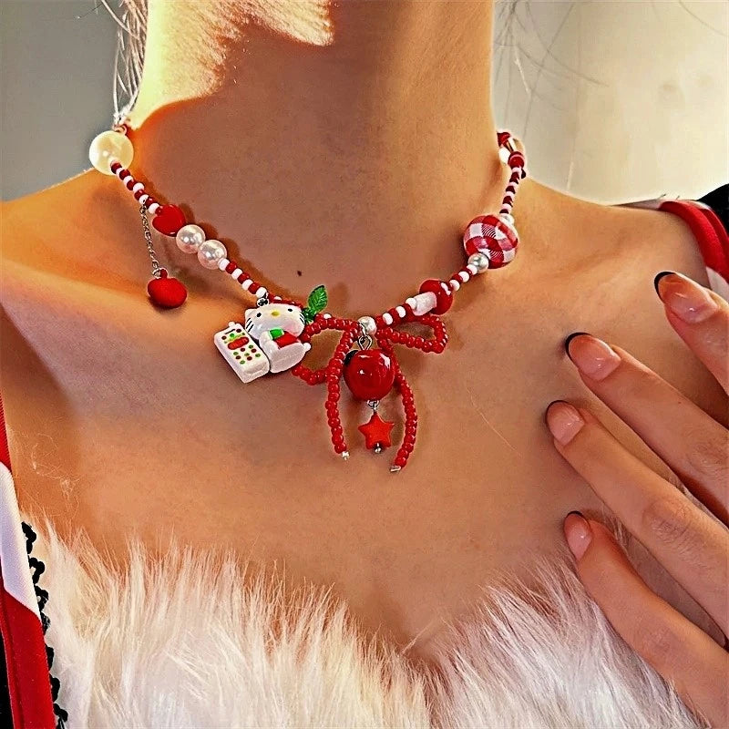 Christmas Red Bow Beaded Kt Cat Necklace - beautiful Cat Necklace