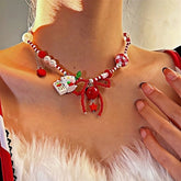 Christmas Red Bow Beaded Kt Cat Necklace - beautiful Cat Necklace