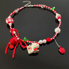 Detailed view of the Christmas Red Bow Beaded Kt Cat Necklace chain and pendant