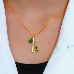 Sterling Silver Zircon Green Peace Bamboo Necklace worn to showcase its length and pendant detail