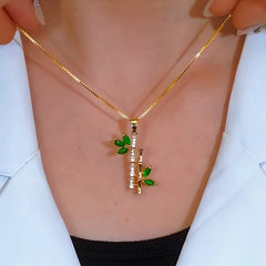 Sterling Silver Zircon Green Peace Bamboo Necklace - beautiful Bamboo Peace Necklace