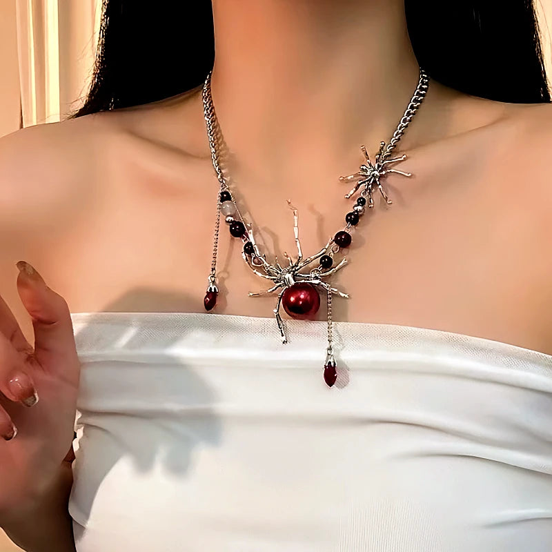 Halloween 14K Gold-Plated Blood-Red Spider Necklaces worn to showcase its length and pendant detail