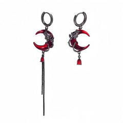 Angled view of the Halloween 14K Gold-Plated Red Crescent Asymmetrical Earrings
