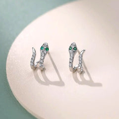 Angled view of the Sterling Silver Double-Layer Zircon Diamond Snake Design Stud Earrings