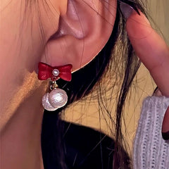 Silver Post Christmas Red Bow Bead Earrings - elegant Red Bow Earrings