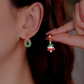 Silver Post Christmas Tree Wreath Asymmetrical Earrings - elegant Asymmetrical Christmas Earrings