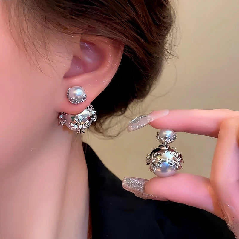 Silver Post Cross Pearl Earrings - elegant Cross Pearl Earrings