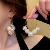 Silver Post Pearl Tassel Hoop Earrings - elegant Pearl Tassel Hoops