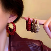 Silver Post Wrinkled Leather Earrings - elegant Wrinkled Leather Hoops