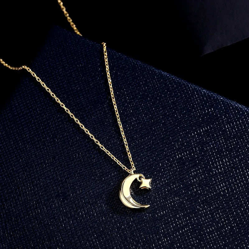 Detailed view of the Sterling Silve Star And Moon Necklace chain and pendant