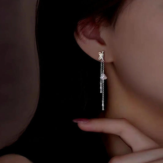 Sterling Silver Bamboo Butterfly Tassel Earrings - elegant Butterfly Tassel Earrings