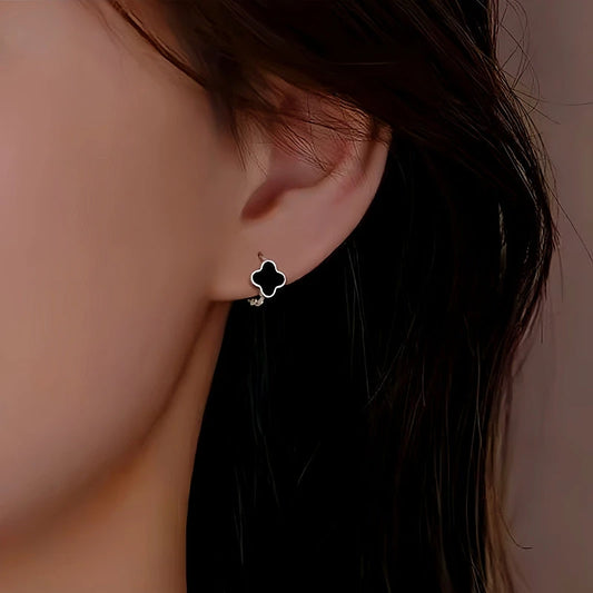 Sterling Silver Black Four-Leaf Clover Hoop Earrings - elegant Clover Hoop Earrings