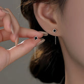 Sterling Silver Black Four-Leaf Clover Threader Earrings - elegant Clover Threader Earrings