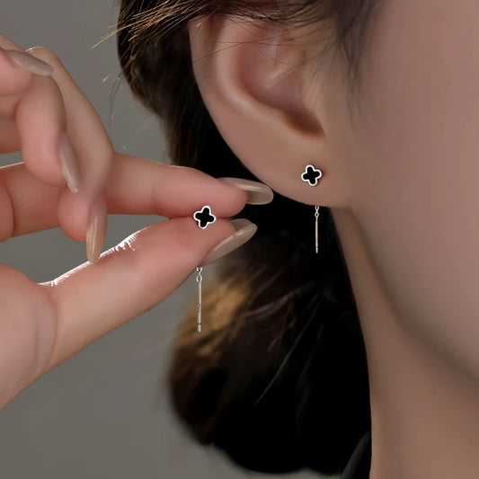 Sterling Silver Black Four-Leaf Clover Threader Earrings - elegant Clover Threader Earrings