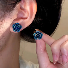 Sterling Silver Blue Rose Stud Earrings - elegant Blue Rose Studs