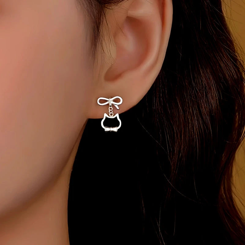Sterling Silver Bow Cat Earrings - elegant Cat Earrings