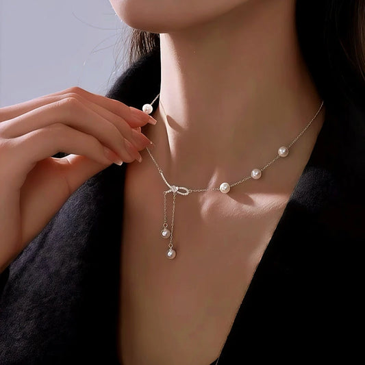 Sterling Silver Bow Pearl Tassel Necklace - beautiful Pearl Tassel Necklace