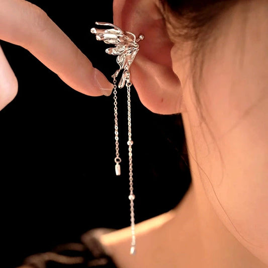 Sterling Silver Butterfly Tassel Ear Clips - elegant Tassel Ear Clips