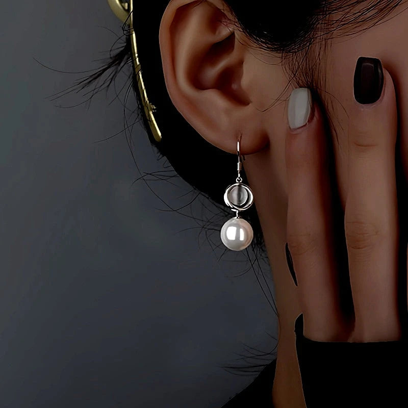 Sterling Silver Cat's Eye Stone Pearl Ear Hooks - elegant Pearl Ear Hooks