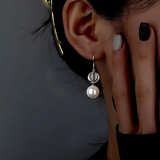 Sterling Silver Cat's Eye Stone Pearl Ear Hooks - elegant Pearl Ear Hooks