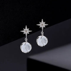 Sterling Silver Cat's Eye Stone Zircon Eight-Pointed Star Earrings - elegant Star Earrings