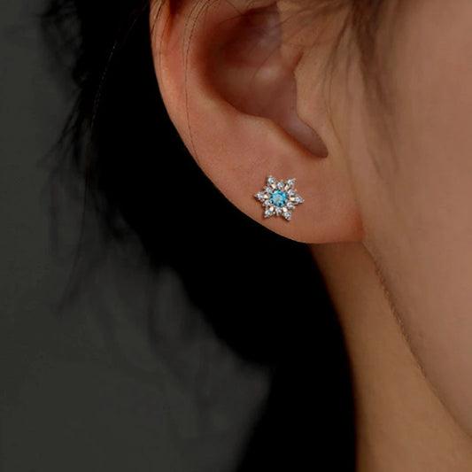 Sterling Silver Christmas Blue Diamond Snowflake Stud Earrings - elegant Snowflake Stud Earrings