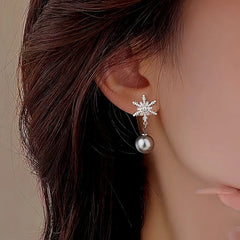 Sterling Silver Christmas Rhinestone Snowflake Pearl Earrings - elegant Snowflake Pearl Earrings