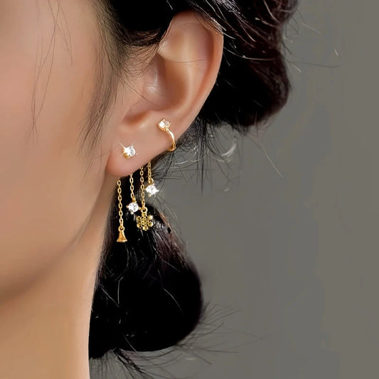 Sterling Silver Christmas Snowflake Bell Tassel Asymmetrical Earrings - elegant Asymmetrical Snowflake Earrings