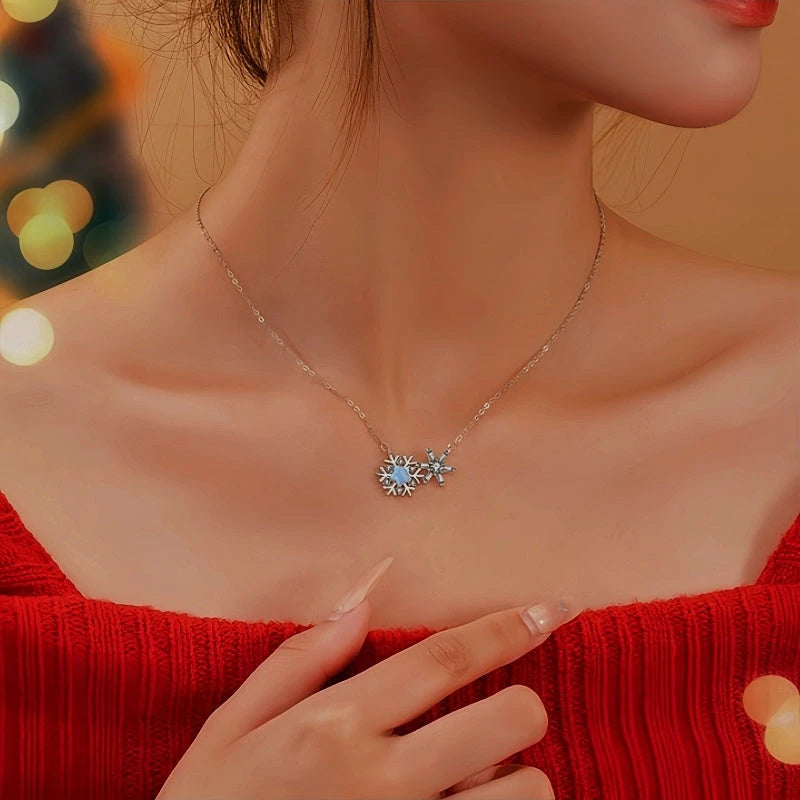 Sterling Silver Christmas Snowflake Glass Stone Necklace worn to showcase its length and pendant detail