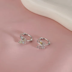 Angled view of the Sterling Silver Colorful Diamond Butterfly Hoop Earrings