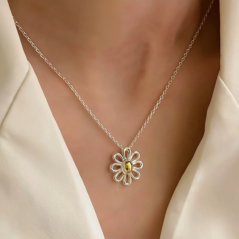 Sterling Silver Contrast Daisy Necklace worn to showcase its length and pendant detail