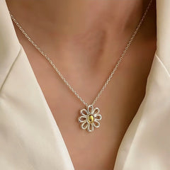 Sterling Silver Contrast Daisy Necklace worn to showcase its length and pendant detail