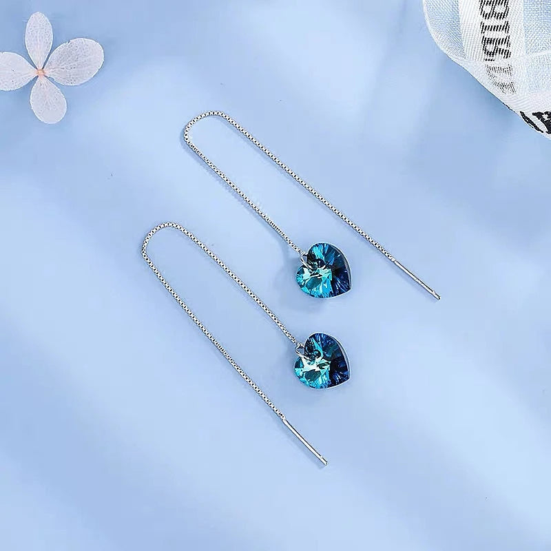 Sterling Silver Crystal Heart Threader Earrings - elegant Crystal Heart Threaders