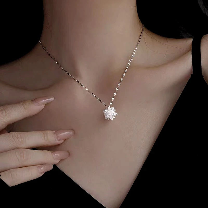 Sterling Silver Crystal Ice Flower Necklaces worn to showcase its length and pendant detail
