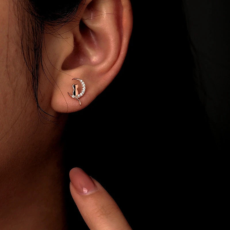 Close-up detail of the sparkling zircons and plating on the Cat and Moon Studs