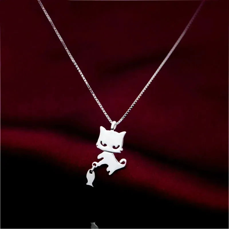 Sterling Silver Cute Kitten And Fish Necklace - beautiful Kitten and Fish Necklace